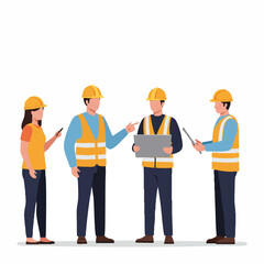 A collaborative team of construction professionals and engineers, in safety gear, diligently discusses and reviews important project plans for site development.