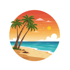 Obraz premium Circular illustration of a tropical beach scene at sunset.