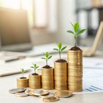 &ldquo;Row of gold coins with small green plants growing on top, symbolizing financial growth and investment.&rdquo;