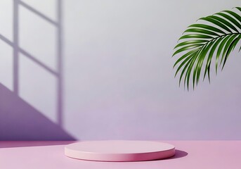 Obraz premium a smooth pink platform for product placement, with a soft pastel purple background. The scene is enhanced by a vibrant green palm frond and a distinct window pane shadow
