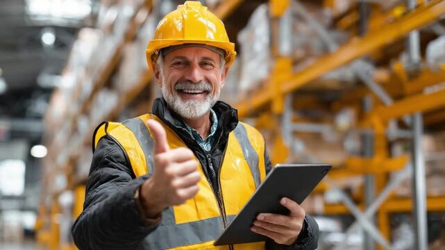 Warehouse Manager&rsquo;s Seal of Approval: A seasoned warehouse manager, donning a hard hat and safety vest, beams with a confident smile.