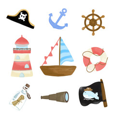 Sea Adventure Sticker Set, Pirate Theme, Nautical Elements, 9 Pieces Collection