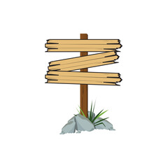 Wooden signpost with hanging blank boards and arrow direction, isolated vector illustration. Perfect for maps, navigation, travel, adventure, campsite, or outdoor design elements.
