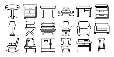  Collection of furniture icons isolated on white background, various styles