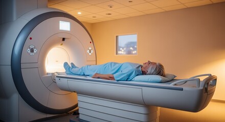 Fototapeta premium Senior female with grey hair lying on a patient table at MRI scanner.