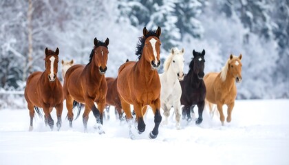 Horses running through snowy landscape