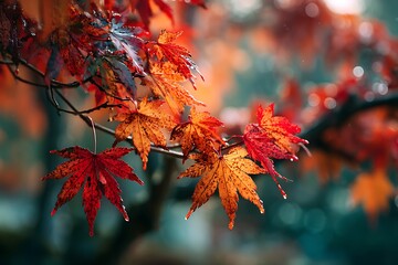Vibrant red and orange fall maple leaves with bokeh  
