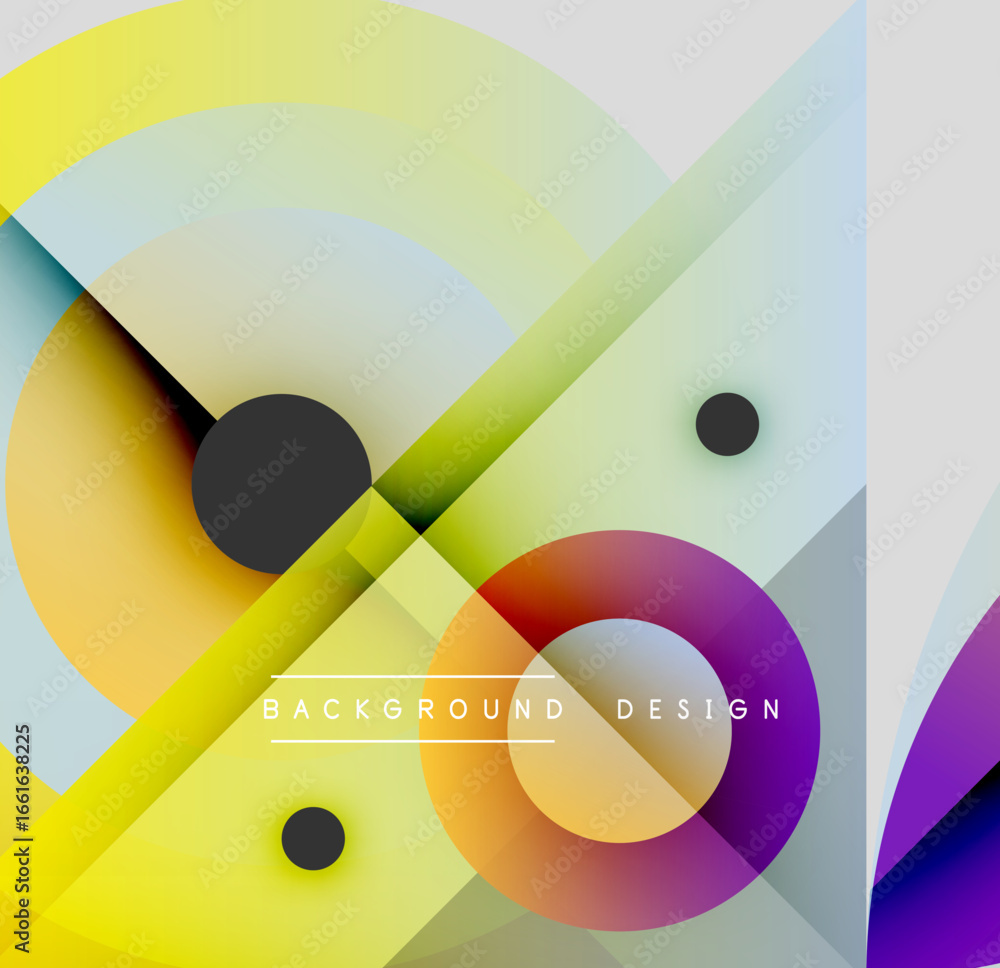 Poster abstract geometric composition. bright colors blend, creating dynamic visual effect. circles, lines 