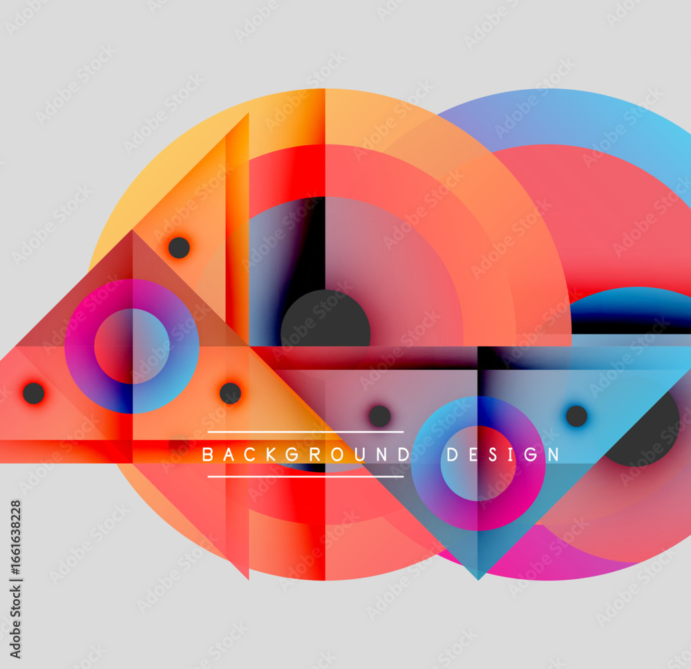 Poster abstract geometric composition. vibrant circles, triangles overlap creating dynamic visual effect. m