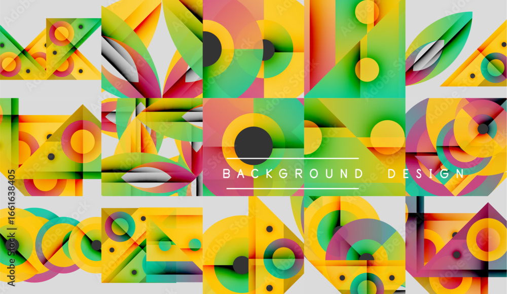 Poster geometric patterns, vibrant colors create modern abstract design. overlapping shapes, dynamic compos
