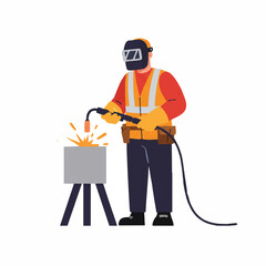 A skilled male welder wearing a protective helmet, safety vest, and gloves is actively performing welding work on a metal object, generating bright sparks.