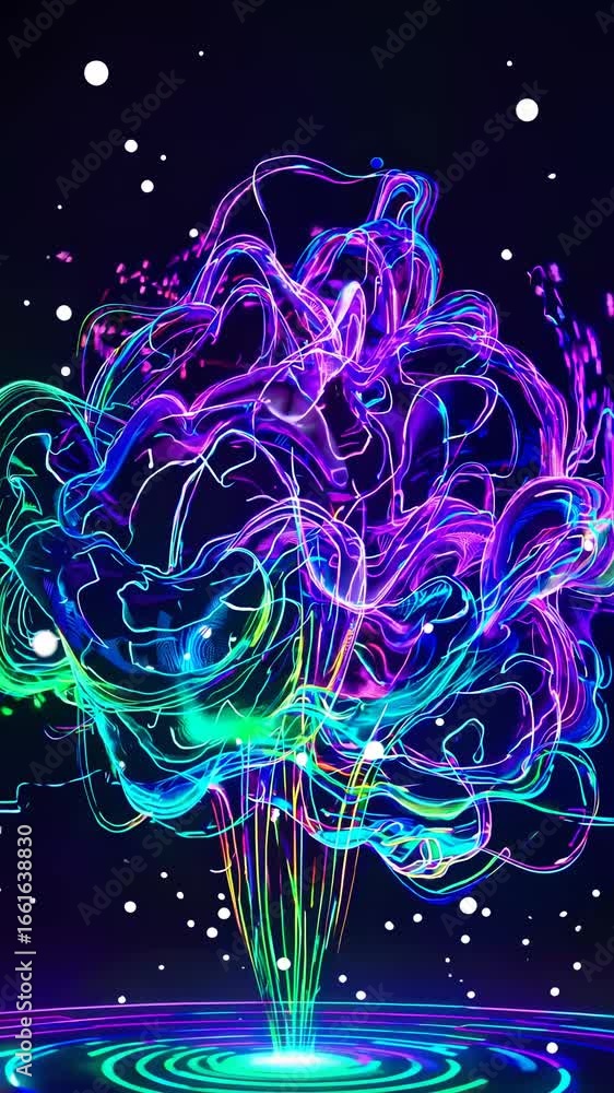 Poster a vibrant, neon-colored abstract tree with swirling patterns, captured from a low angle. perfect for