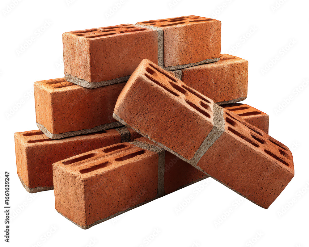 Poster stack of red clay bricks building material construction element isolated on transparency background,