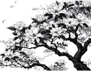 A stylized black and white illustration of a tree featuring large, blooming magnolia 