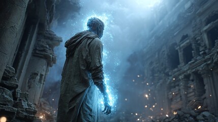Enigmatic figure radiating blue energy stands amidst crumbling ancient ruins in a mystical atmosphere.