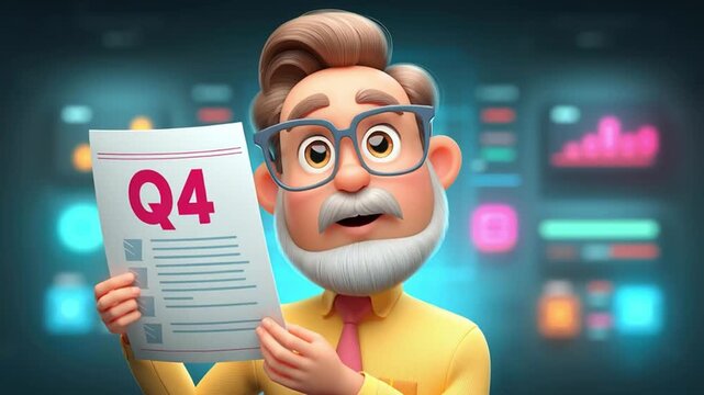 Corporate performance q4 report document featuring businessman with glasses and beard analyzing charts graphs in modern office environment