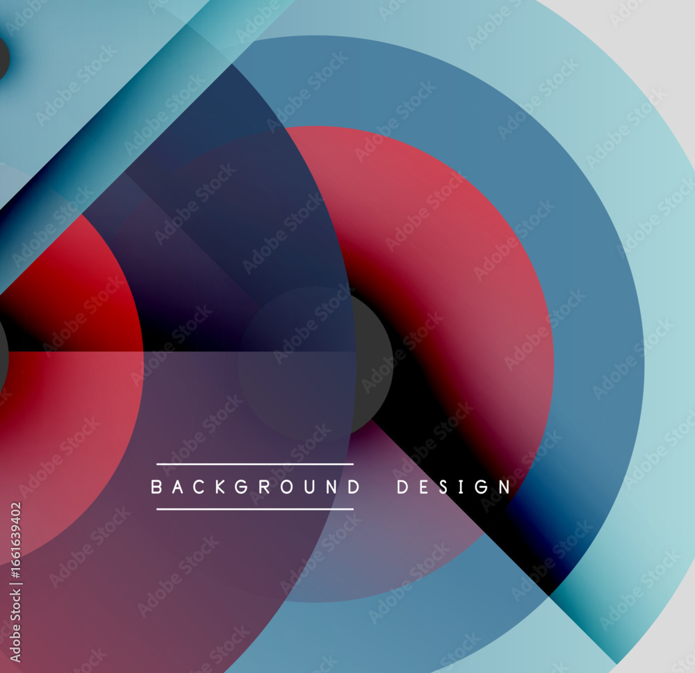 Poster abstract layers create dynamic visual effect. smooth gradients blend blues, reds, blacks. modern des