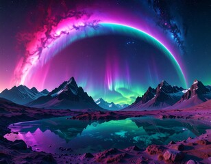 Colorful alien landscape with aurora borealis