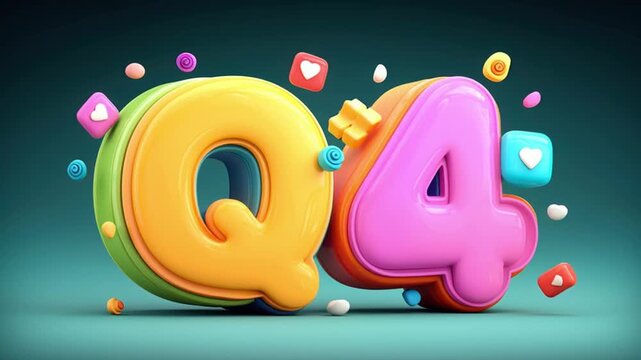 Corporate Q4 performance concept featuring colorful 3D letters and social media icons floating around in vibrant digital style for social engagement