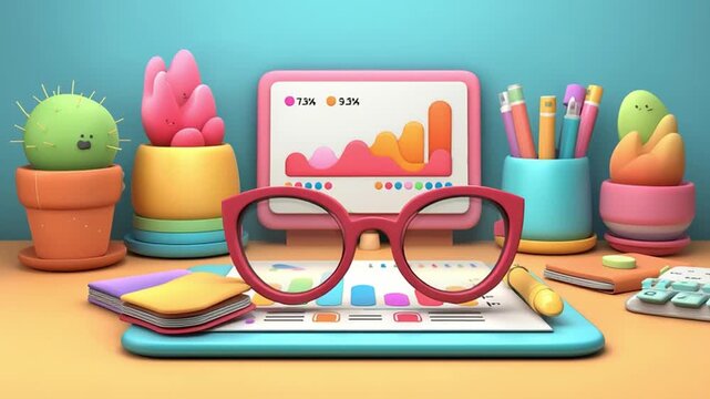 Corporate performance q4 charts displayed on laptop with glasses colorful office supplies creating bright engaging productive workspace scene