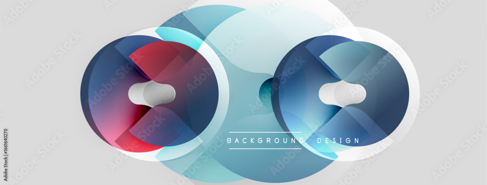 Poster abstract circles overlap, creating layered visual effect. blue, red hues dominate design with light 