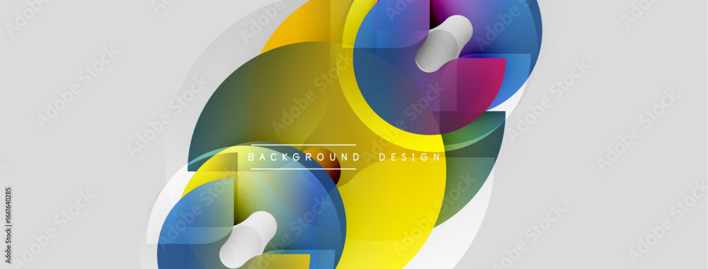 Poster abstract colorful shapes overlap, creating dynamic composition. bright hues contrast with light back