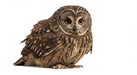 Fototapeta premium Chouette attentive regarde intens�ment lumi�re douce fond blanc. AI Generated