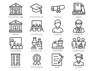 Set of 16 thin line icons representing college life, including college building, graduation cap, diploma, books, library, student, professor, classroom, exam, and alumni.