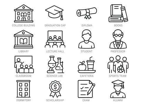 Set of 16 thin line icons representing college life, including college building, graduation cap, diploma, books, library, student, professor, classroom, exam, and alumni.
