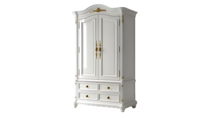 A tall white wooden wardrobe with double doors and drawers at the bottom, isolated on a clean transparent background. Classic furniture design.