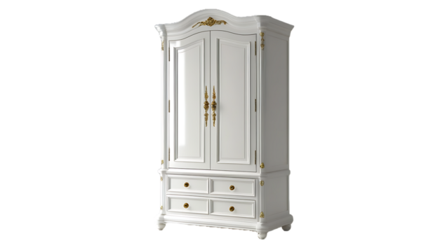 A tall white wooden wardrobe with double doors and drawers at the bottom, isolated on a clean transparent background. Classic furniture design.