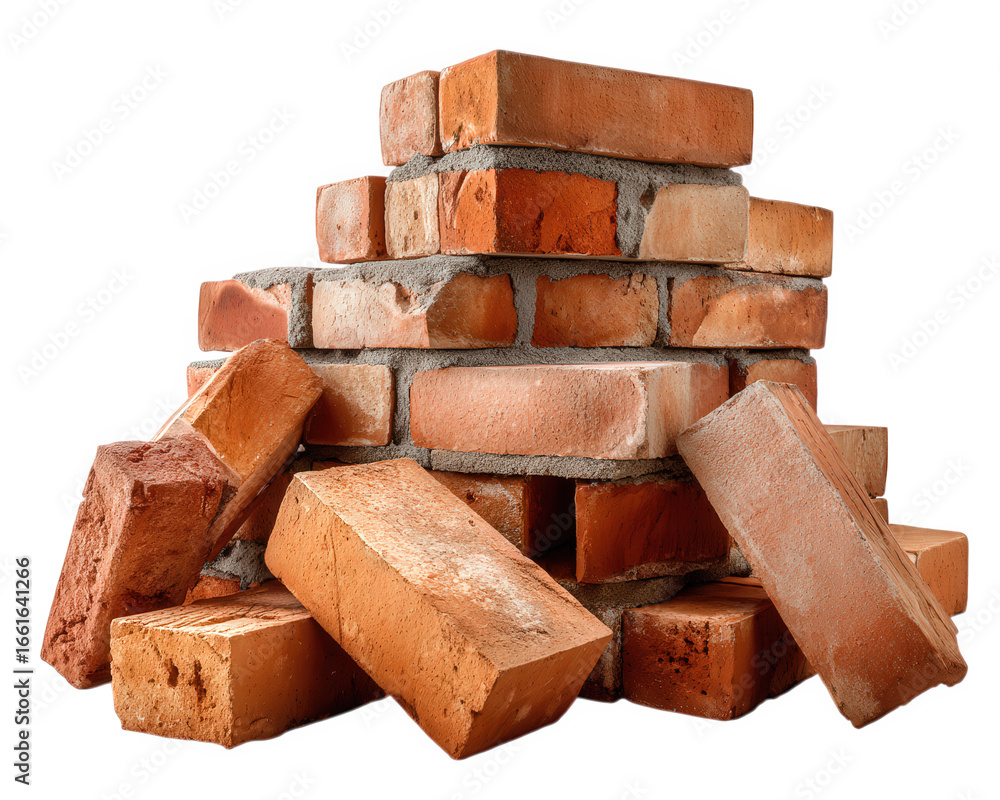 Poster stack of red brick building material construction element masonry isolated on white rough texture du