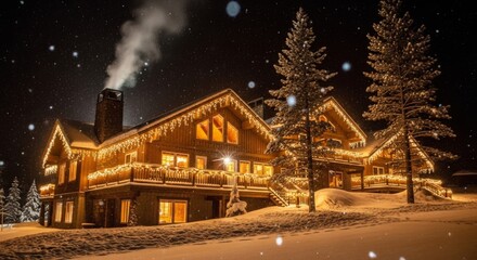 Illuminated chalet in winter night with snow covered ground and trees decorated with christmas lights