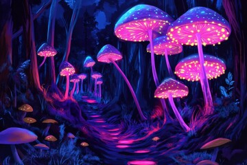 Obraz premium Enchanted pathway in dreamlike forest with glowing mushrooms for fantasy journey