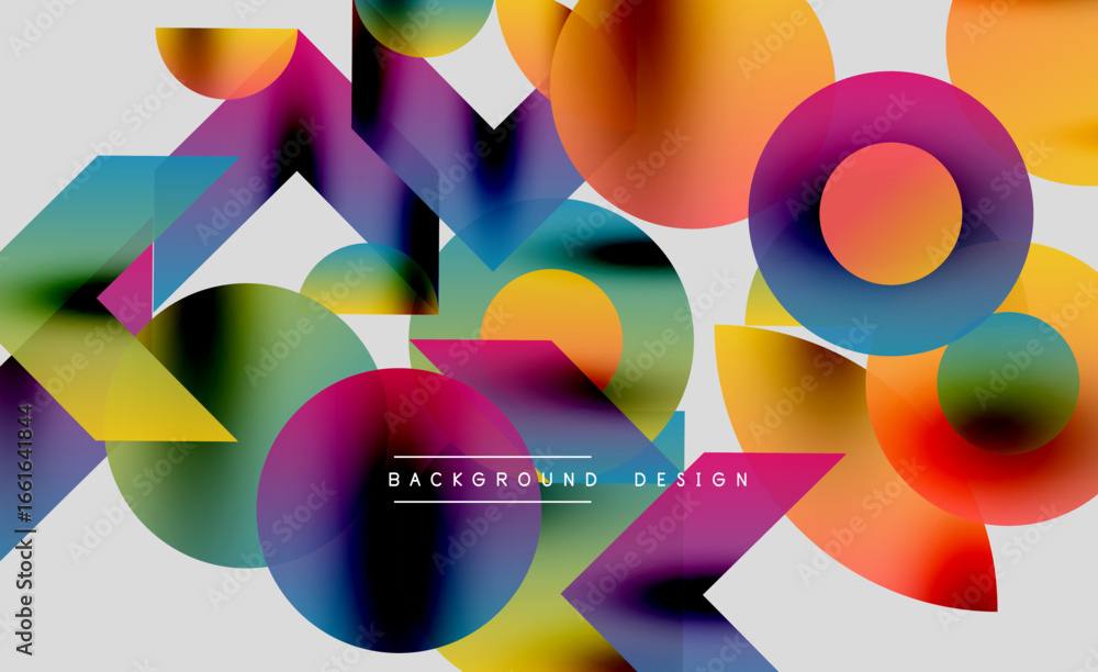 Poster abstract colorful shapes overlap, creating dynamic visual texture. bright gradients blend, forming m
