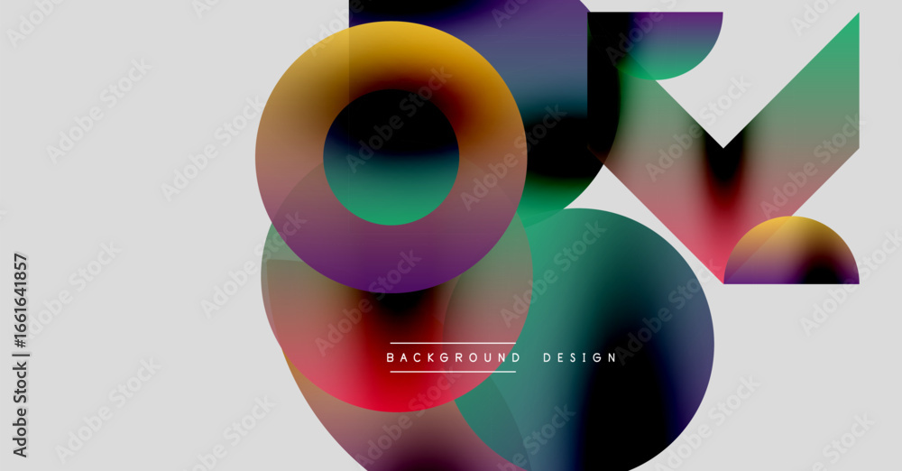 Poster abstract colorful shapes overlap, creating dynamic visual effect. background includes text backgroun