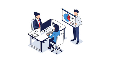 Business presentation with people at a desk and a presenter showing a chart meeting office