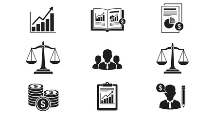 Collection of black and white business and finance icons including graphs scales and people chart