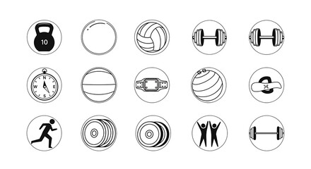 Collection of Fifteen Circular Icons Representing Fitness and Sports Equipment and Activities exercise