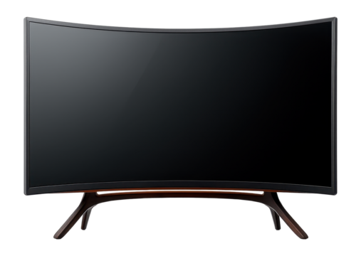 Curved TV with a wide curvature and dual leg stand in dark wood finish