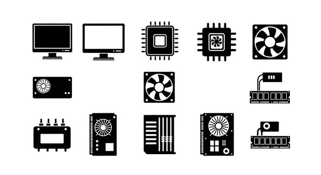 Collection of computer hardware icons including monitors, CP Us, fans, and RAM modules on a white background