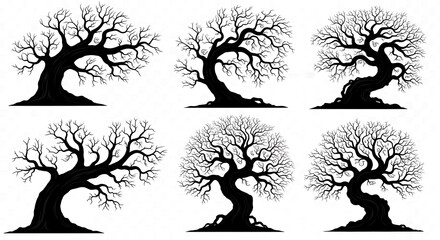 Collection of six stylized black silhouettes of bare deciduous trees with intricate branches and gnarled trunks on a white background