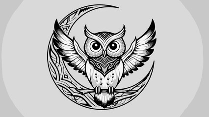 Obraz premium Intricate Owl and Crescent Moon Design Black and White Illustration