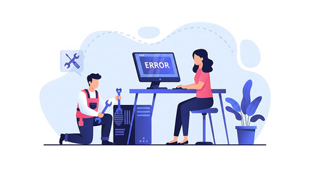 Computer technician fixing a desktop computer with an error message for a woman at her desk technology