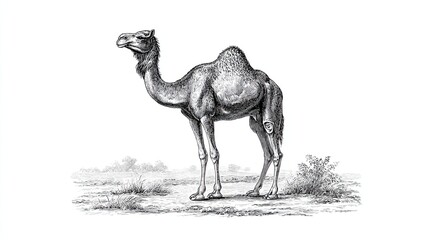 Camel desert engraving sketch one hump animal vintage illustration wild dromedary nature etching art