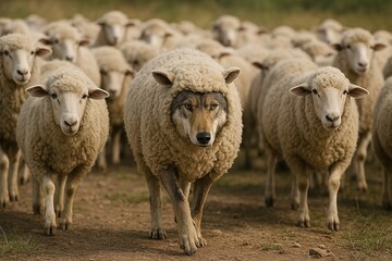 A cunning wolf in sheep's clothing walks among a flock in an open meadow, symbolizing deception, betrayal, and false appearances. A concept for digital security and insurance companies.