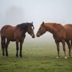Obraz premium Two Brown Horses Meeting in a Misty Meadow on a Cold Morning