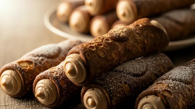 Close-up shot of several traditional  cream-filled  Krapfen pastries dusted with powdered sugar, arranged on a wooden table, evocative of an Oktoberfest atmosphere with