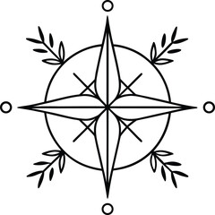 A simple compass rose with botanical elements illustration.