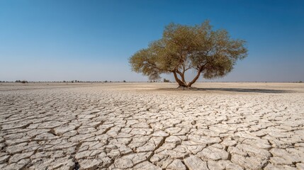 A lone tree stands in a cracked, arid landscape under a clear blue sky